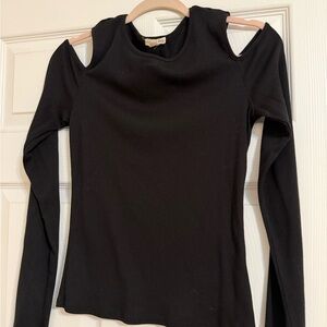 Black Cold-Shoulder Ribbed Long-Sleeve Top